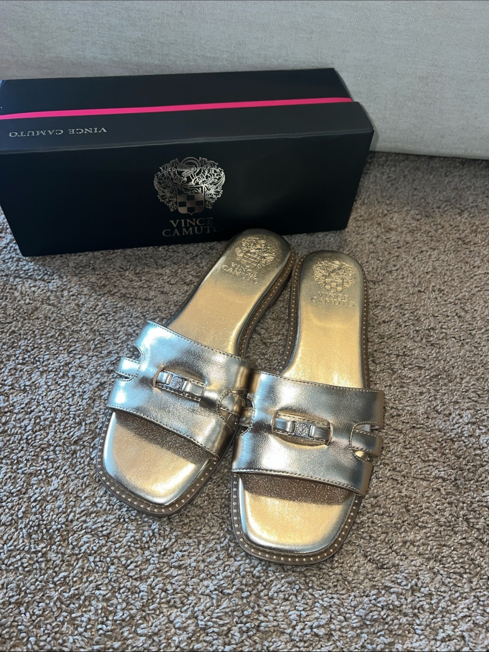 Vince Camuto Metallic Gold Buckle Slide Mules